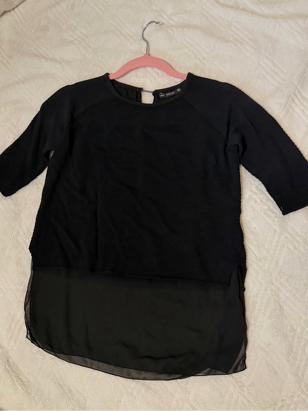 Zara Black Textured Top with Sheer Hem
